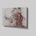 Framed canvas print of an Elegant Geisha in traditional Japanese attire with a sakura blossom and moon backdrop