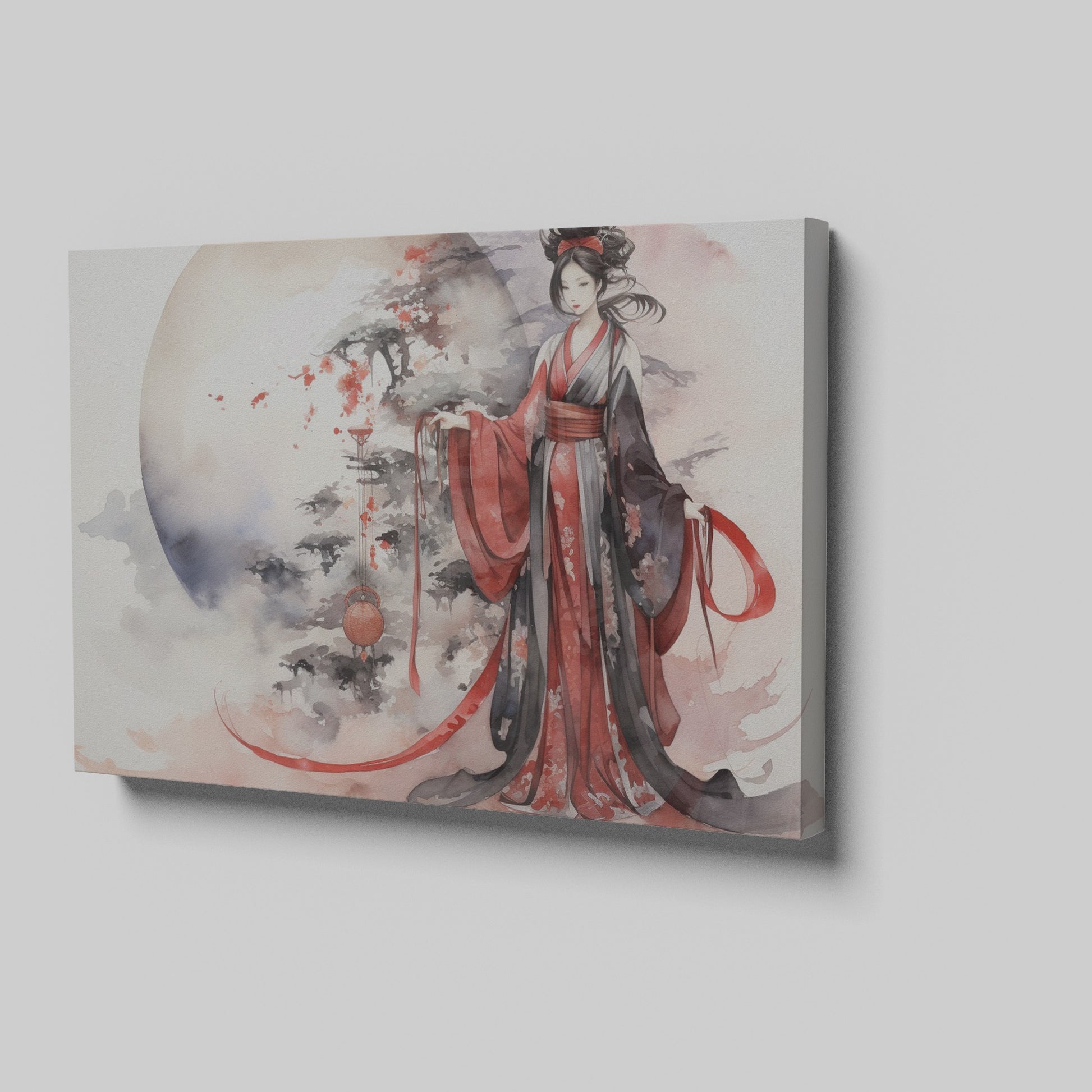 Framed canvas print of an Elegant Geisha in traditional Japanese attire with a sakura blossom and moon backdrop