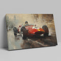 Framed canvas print of a vintage formula racing car in action with warm tones.