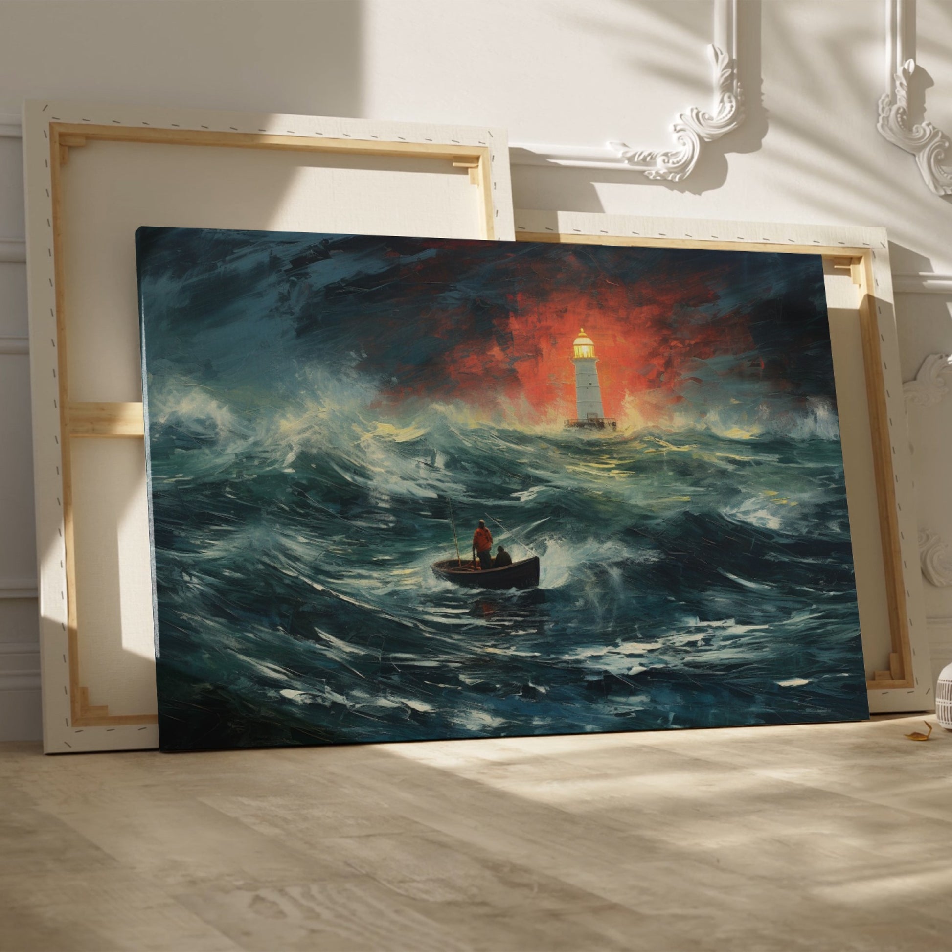 Framed canvas print of a stormy seascape with a lighthouse beacon and a boat at sea, featuring expressive brushstrokes and a dramatic red and blue colour scheme