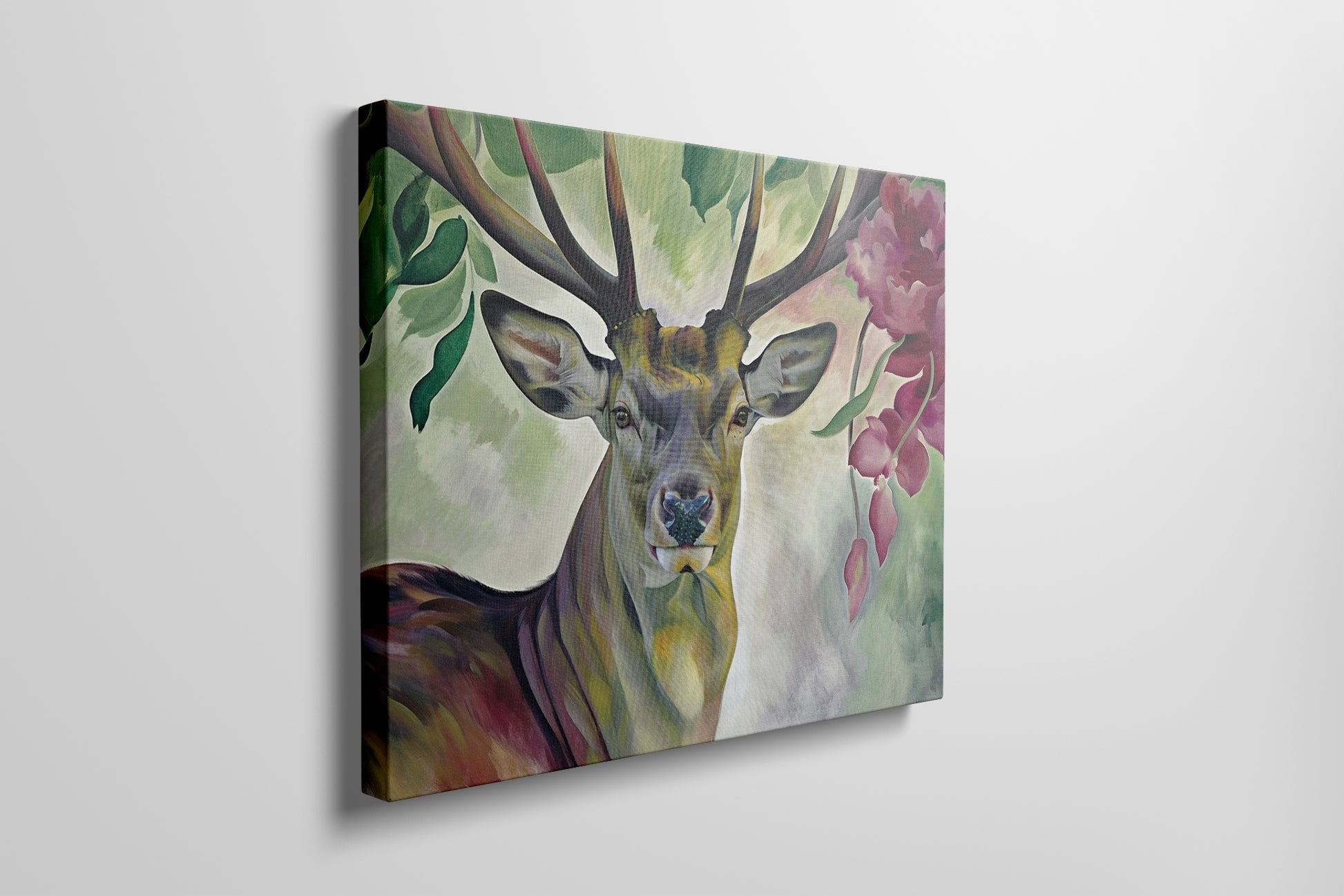 Framed canvas print of a vibrant stag with colourful floral surroundings