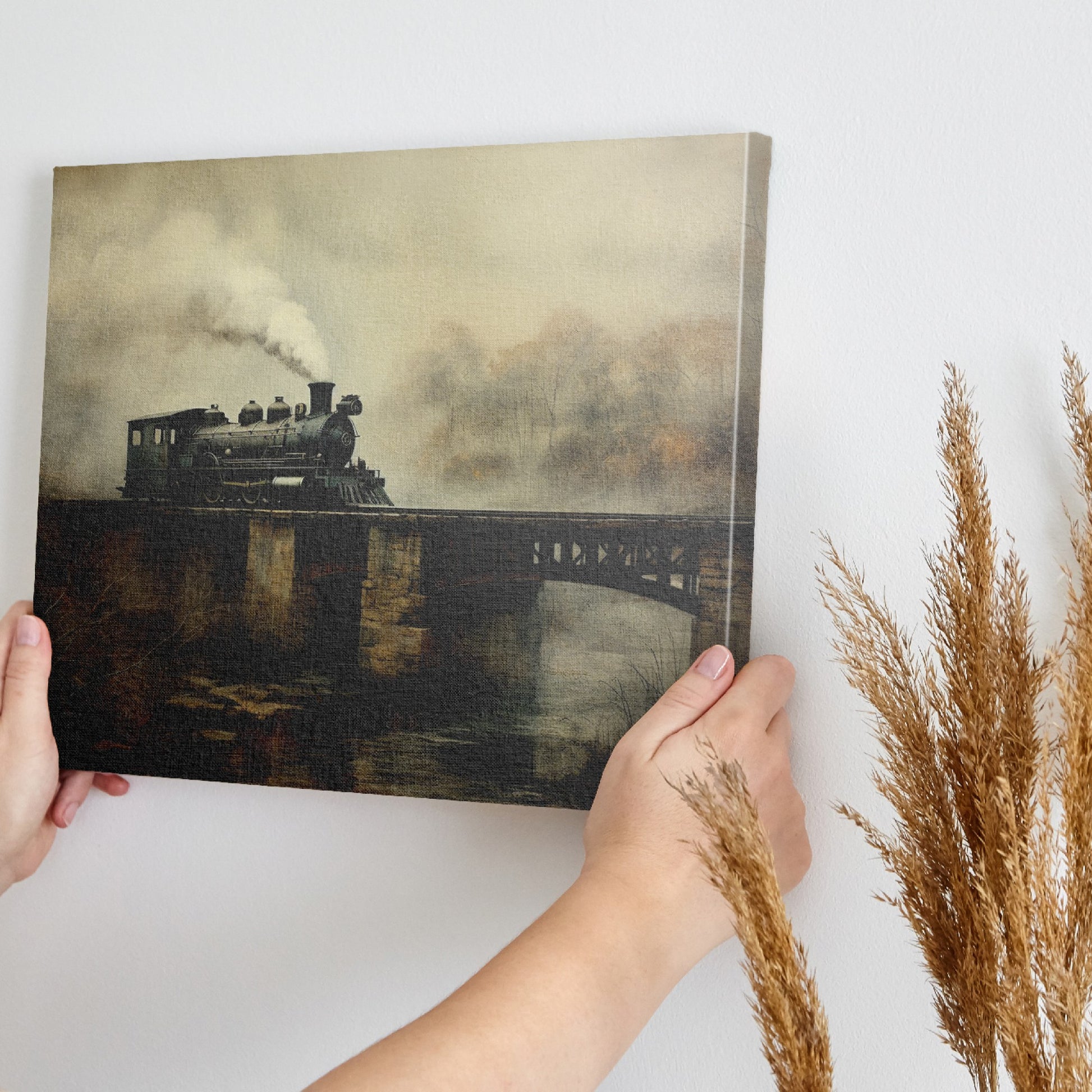 Framed canvas print of a vintage steam locomotive crossing a bridge amidst fog and autumnal trees