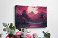 Framed canvas print of Oriental landscape with pagodas, cherry blossoms, and a full moon