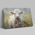 Framed canvas print of a serene cow surrounded by a vibrant wildflower meadow