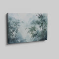 Framed canvas print of misty bamboo grove with mountains in the background