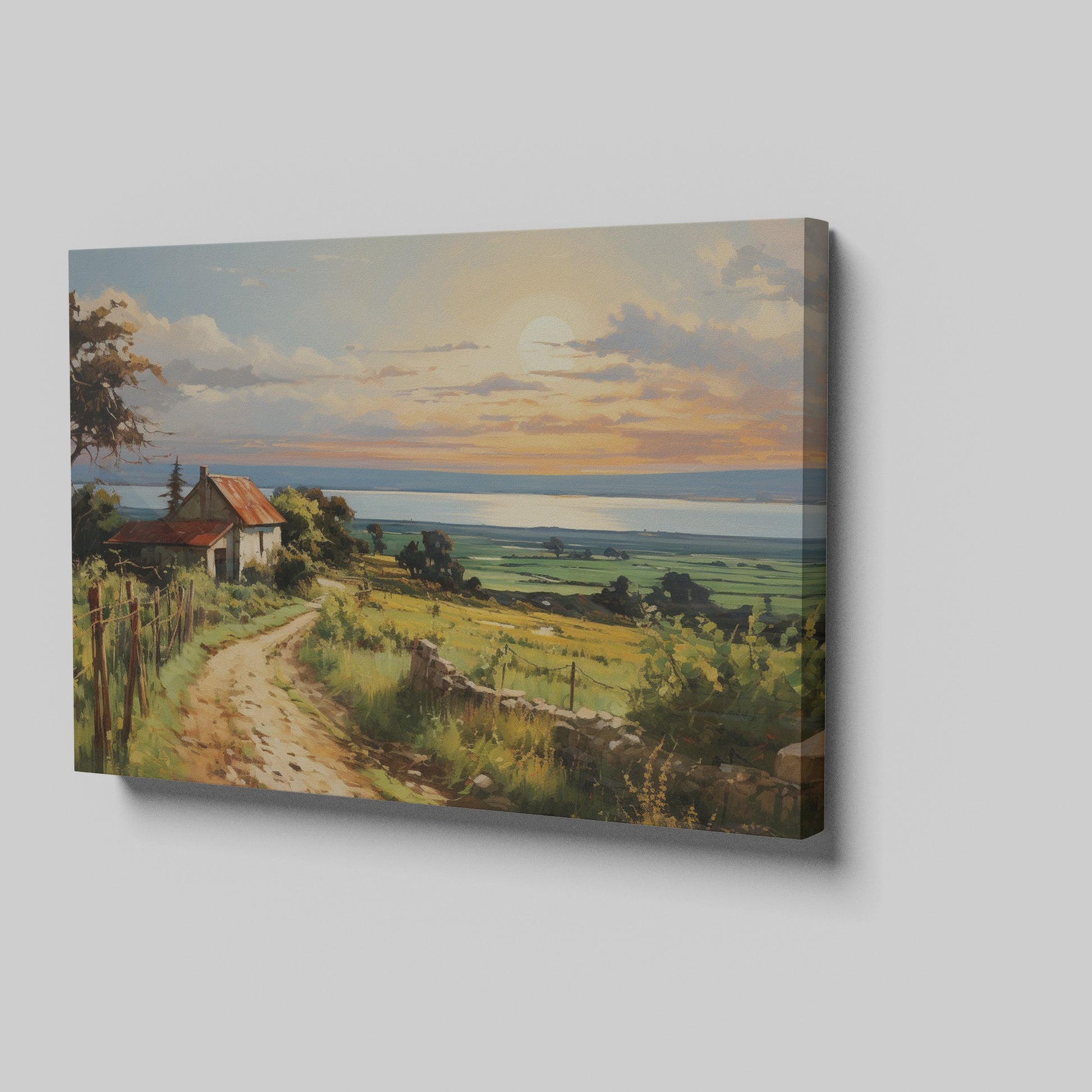 Framed canvas print of a rustic farmhouse and path leading to a sunset over the sea