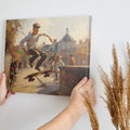 Framed canvas print of an impressionist urban scene with a skateboarder performing a trick in sunlight