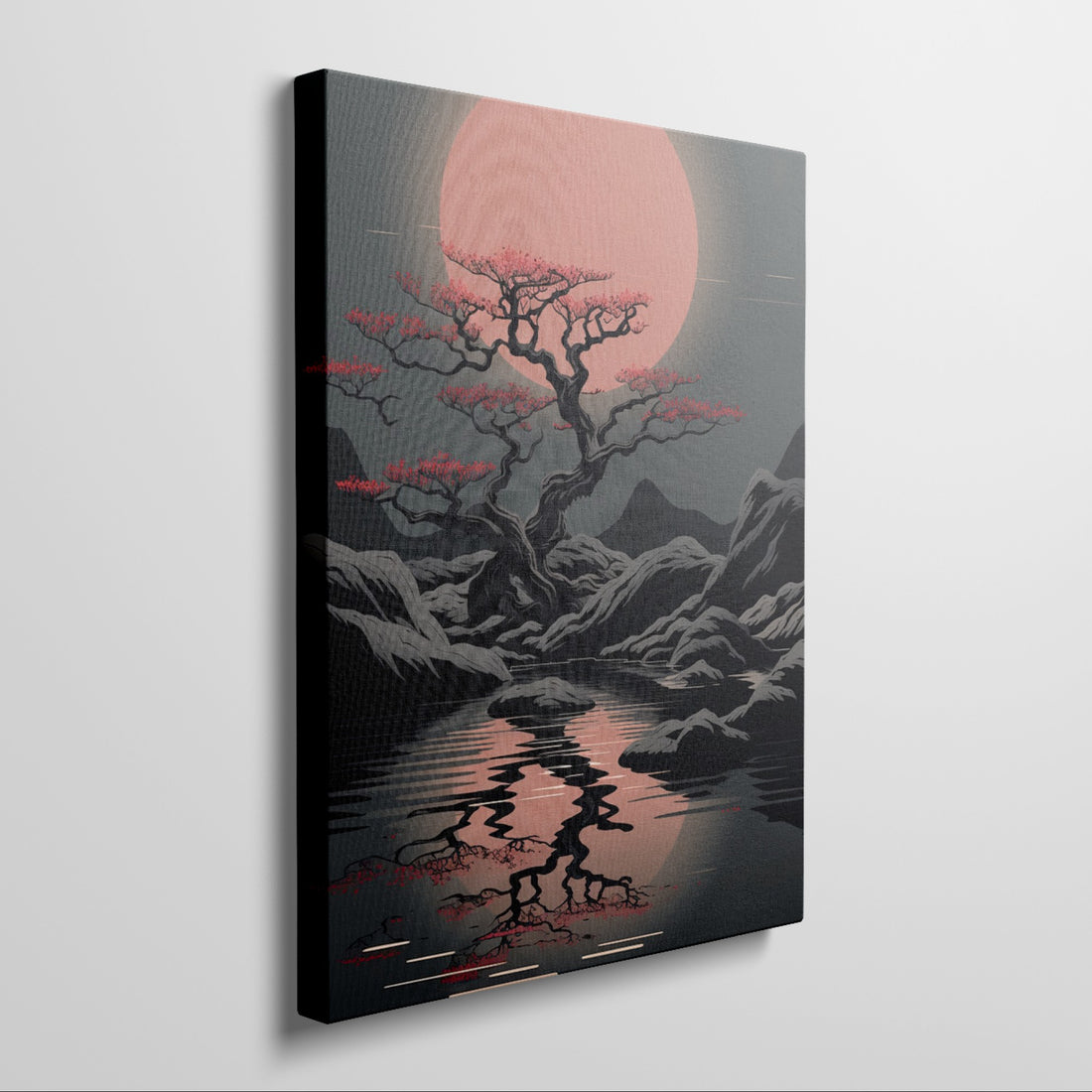 Abstract art of a Sakura tree with red blossoms by a tranquil lake under a red-orange sunset with mountains in the background