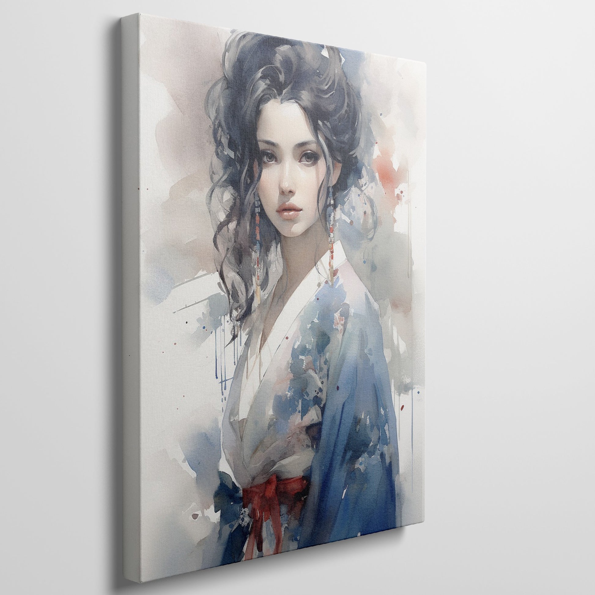 Artistic watercolour portrait of a young woman in traditional attire with abstract elements