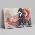 Framed canvas print of a traditional Japanese Geisha in watercolour with a misty backdrop of red and grey