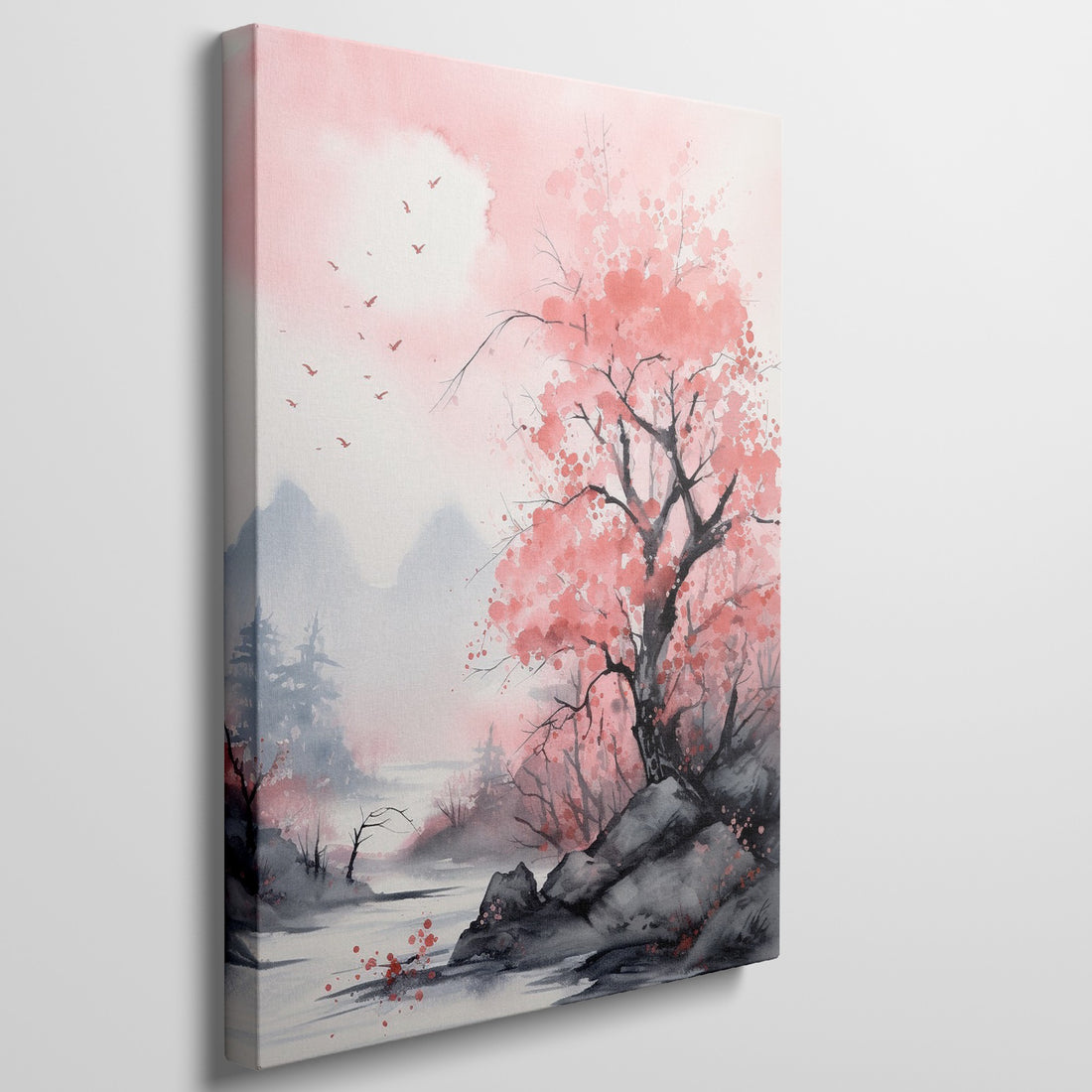 Watercolor painting of pink cherry blossoms with a misty mountain landscape and flying birds.