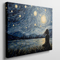 Framed canvas print of a Van Gogh-inspired starry night with a city silhouette and contemplative figure