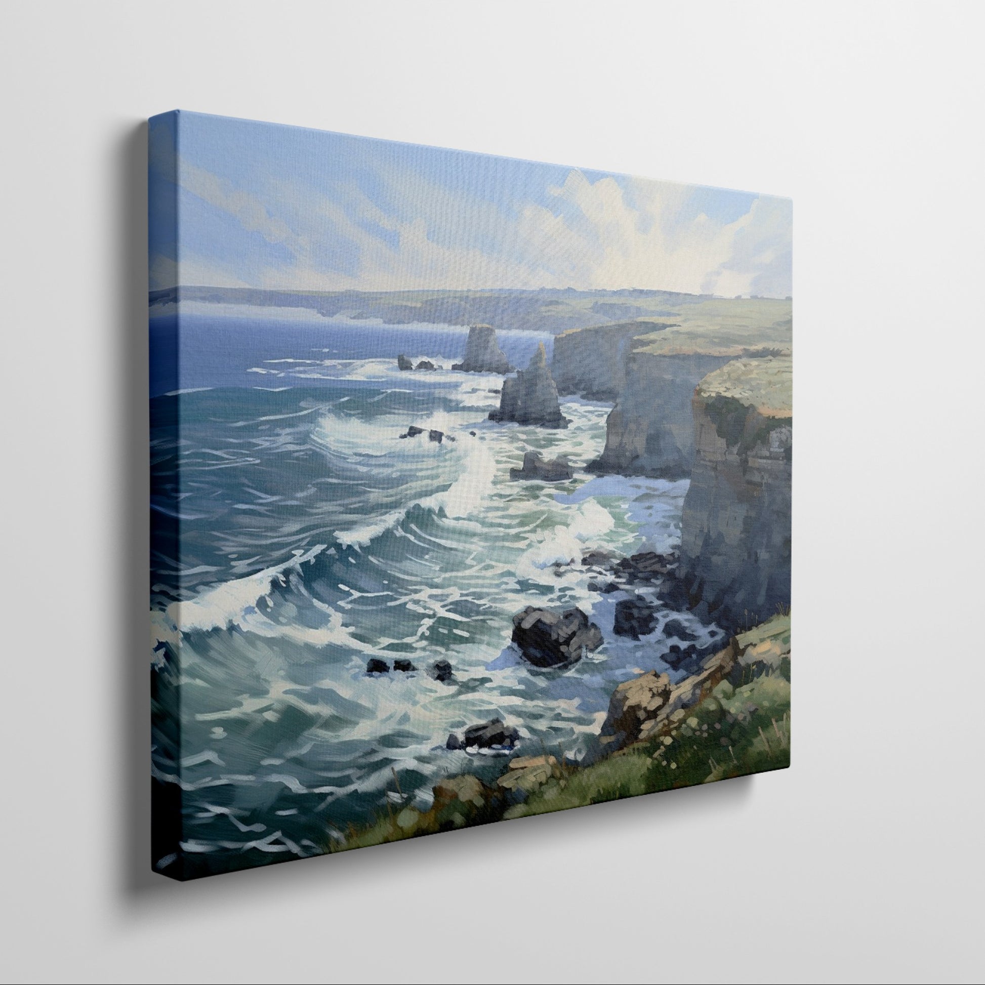 Framed canvas print of a coastal cliffside seascape with ocean waves and sunny skies