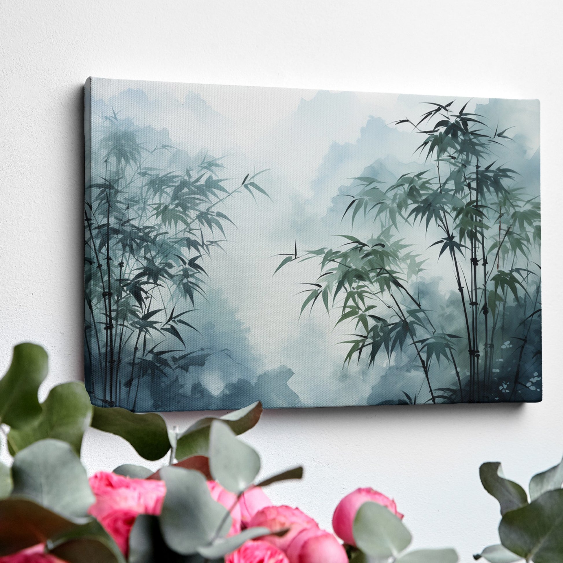 Framed canvas print of misty bamboo grove with mountains in the background