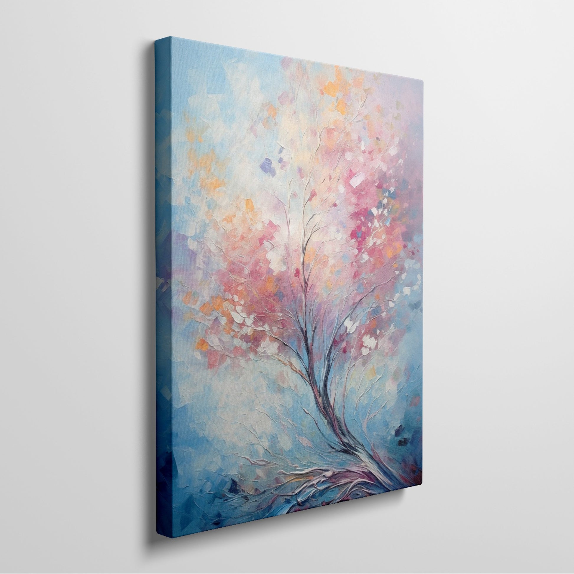 Framed canvas print of an abstract impressionist tree with vibrant pink, orange, and blue colours