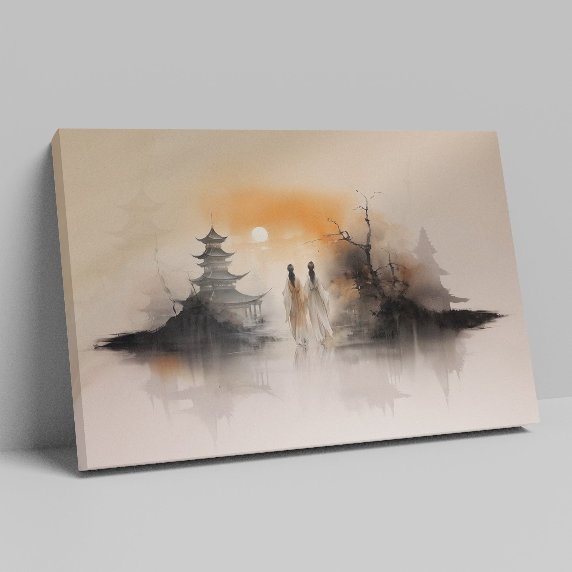 Framed canvas print of a serene oriental landscape with a sunset, pagoda, silhouetted figures, and peaceful water reflection in warm tones.