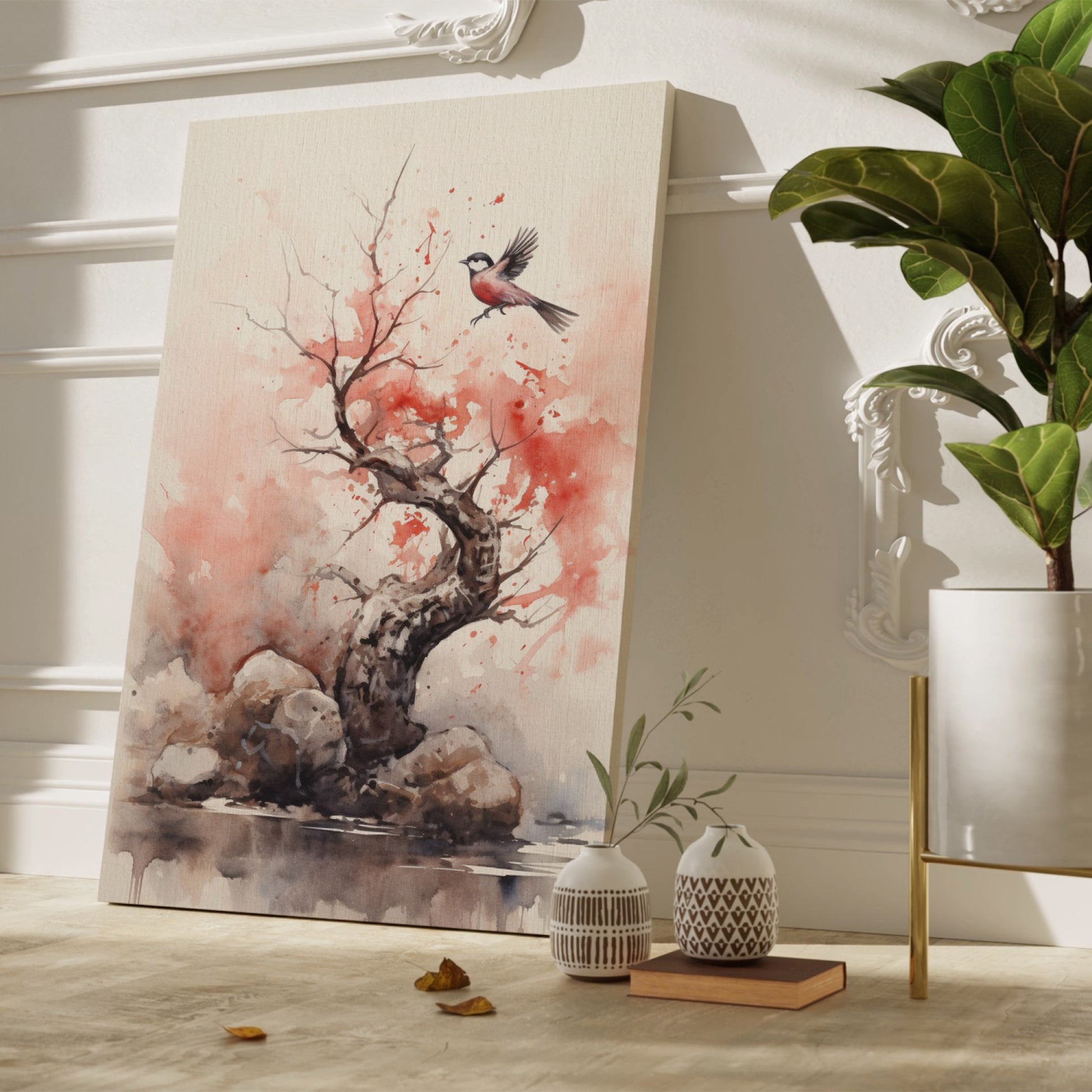 Watercolour painting of a bird in flight by a blossoming tree with red splashes and calm water reflections.