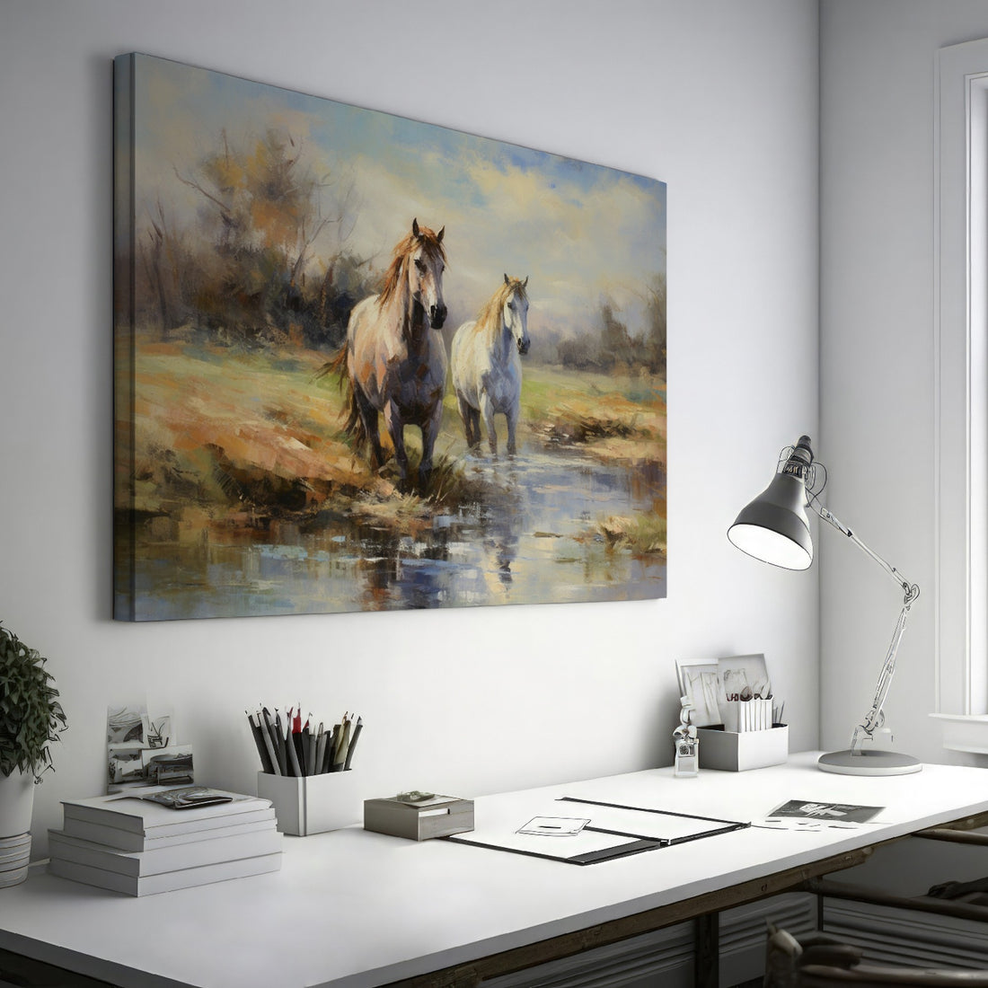 Framed canvas print of two horses by a creek in an impressionist style with warm autumn hues