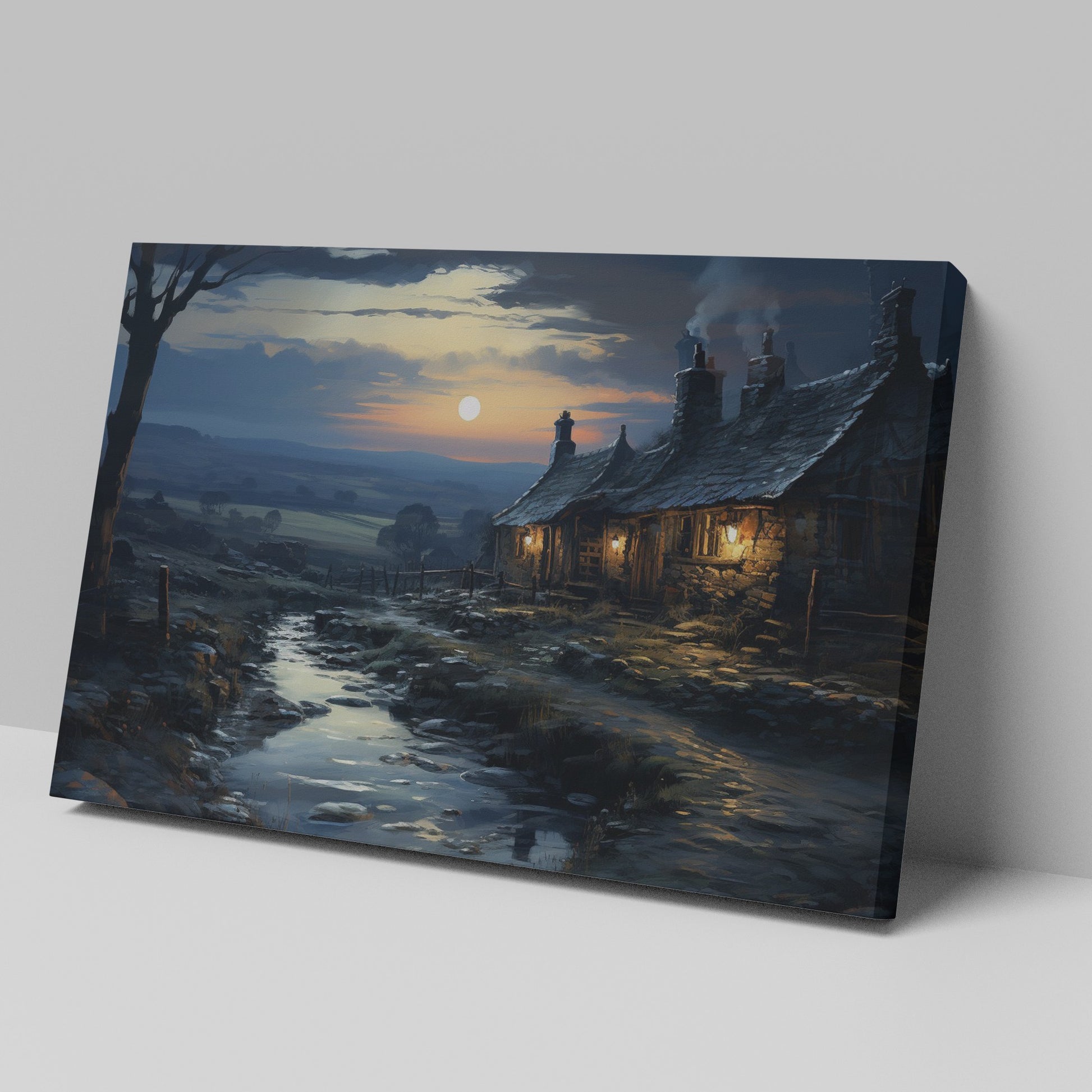 Framed canvas print of a tranquil rural cottage scene at dusk with reflections in a stream