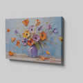 Framed canvas print of textured impasto poppies in a purple vase against a blue background