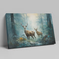 Framed canvas print of two stags in a sunlit, enchanted forest