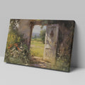 Framed canvas print of a vintage impressionist painting featuring a rustic doorway with blooming wildflowers leading to sunny countryside