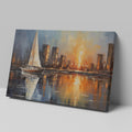 Impressionist painting of a sailboat on calm waters with a sunset reflecting off a city skyline