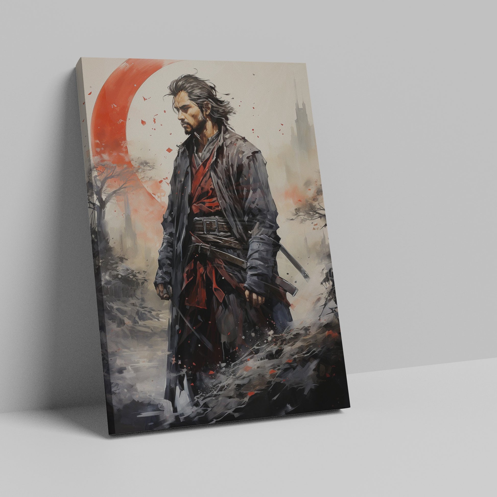 Framed canvas print of a samurai warrior in traditional Japanese attire with a red crescent background