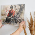 Framed canvas print of a Samurai warrior in red kimono with sword