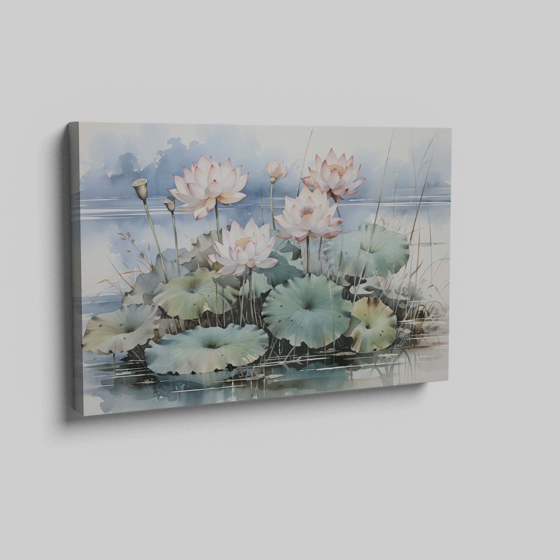 Framed canvas print of serene lotus pond with blooming flowers and gentle hues