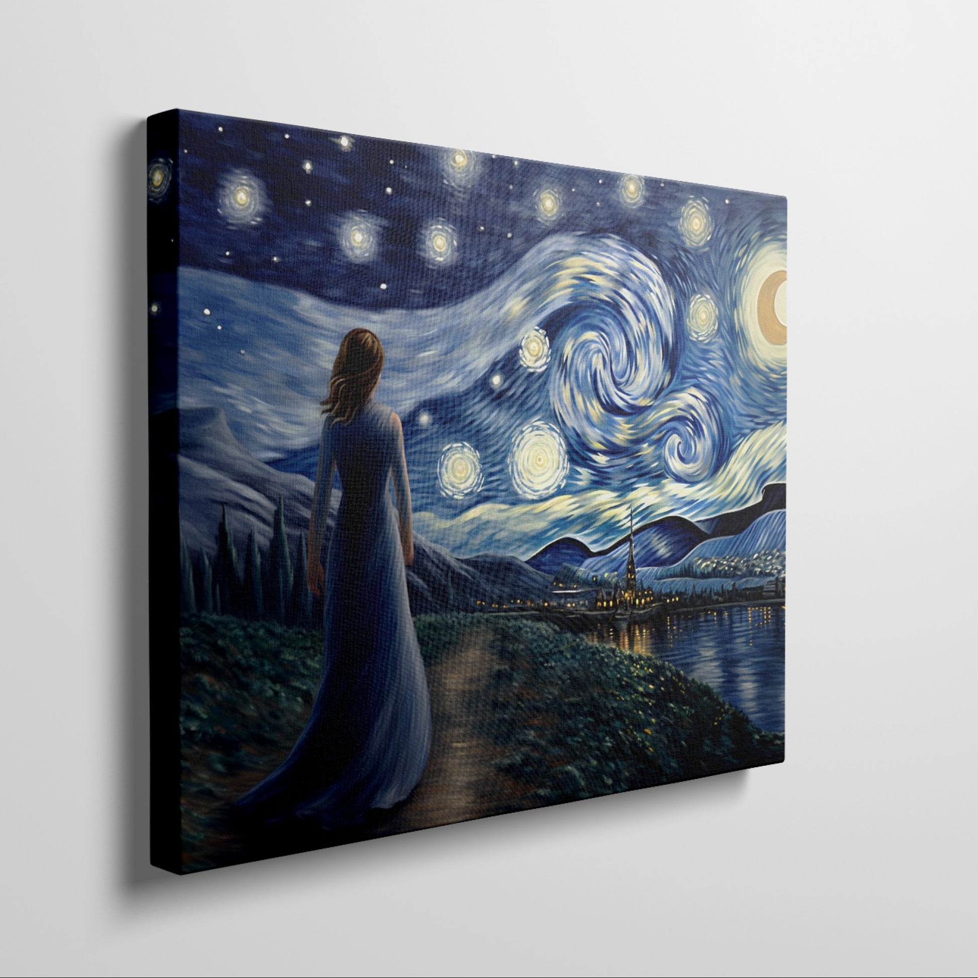 Framed canvas print of a woman in a blue dress gazing at a starry night sky with swirling patterns over a village