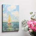 Framed canvas print of a textured impasto style painting featuring a sailboat with golden sails on the sea