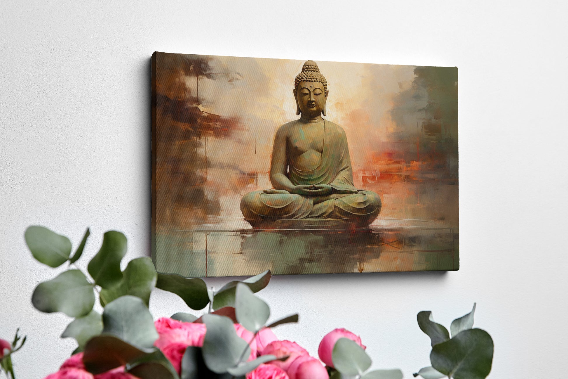 Framed canvas print of a serene Buddha in meditation with abstract background