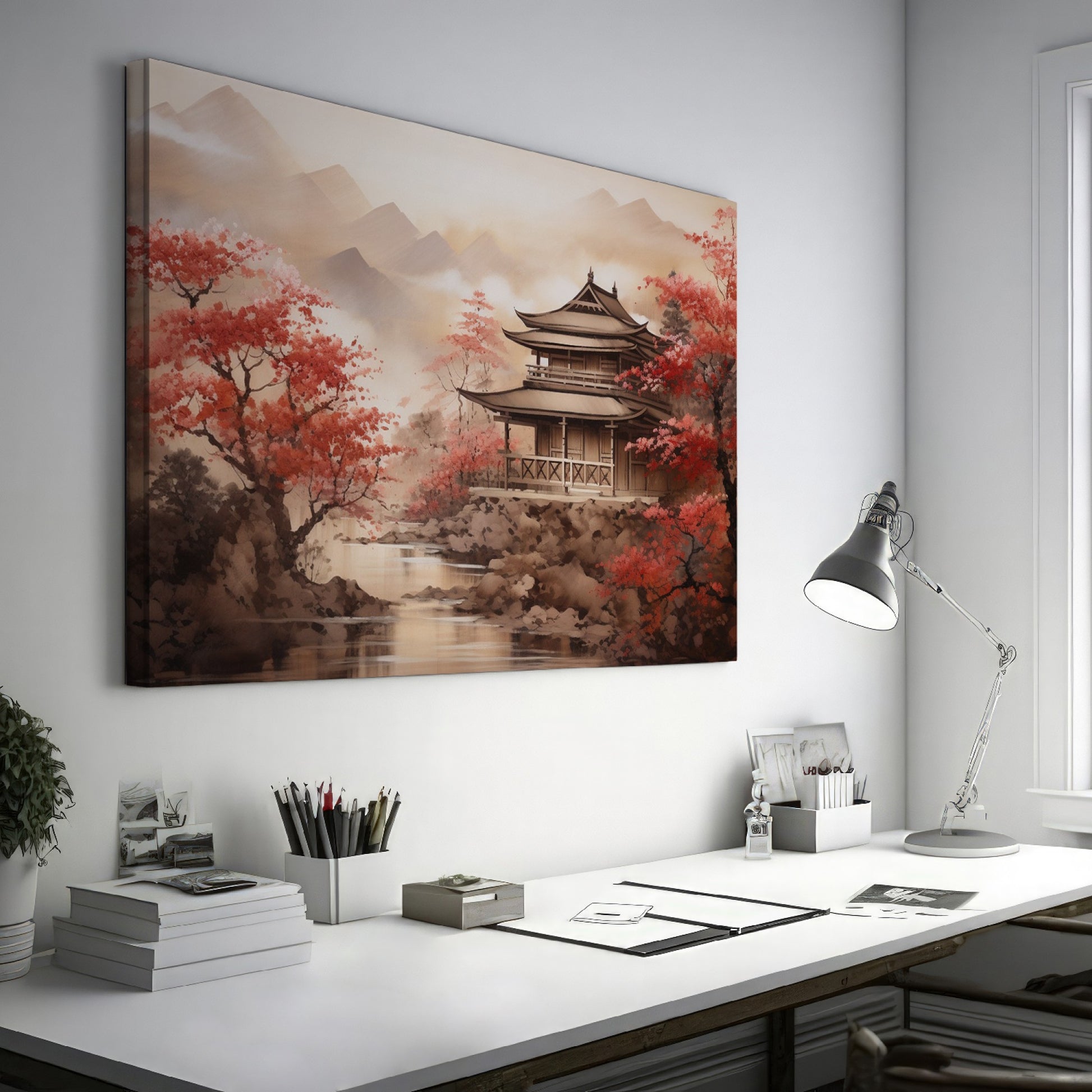 Framed canvas print of Oriental Asian Pagoda scene with Cherry Blossoms and misty mountain backdrop