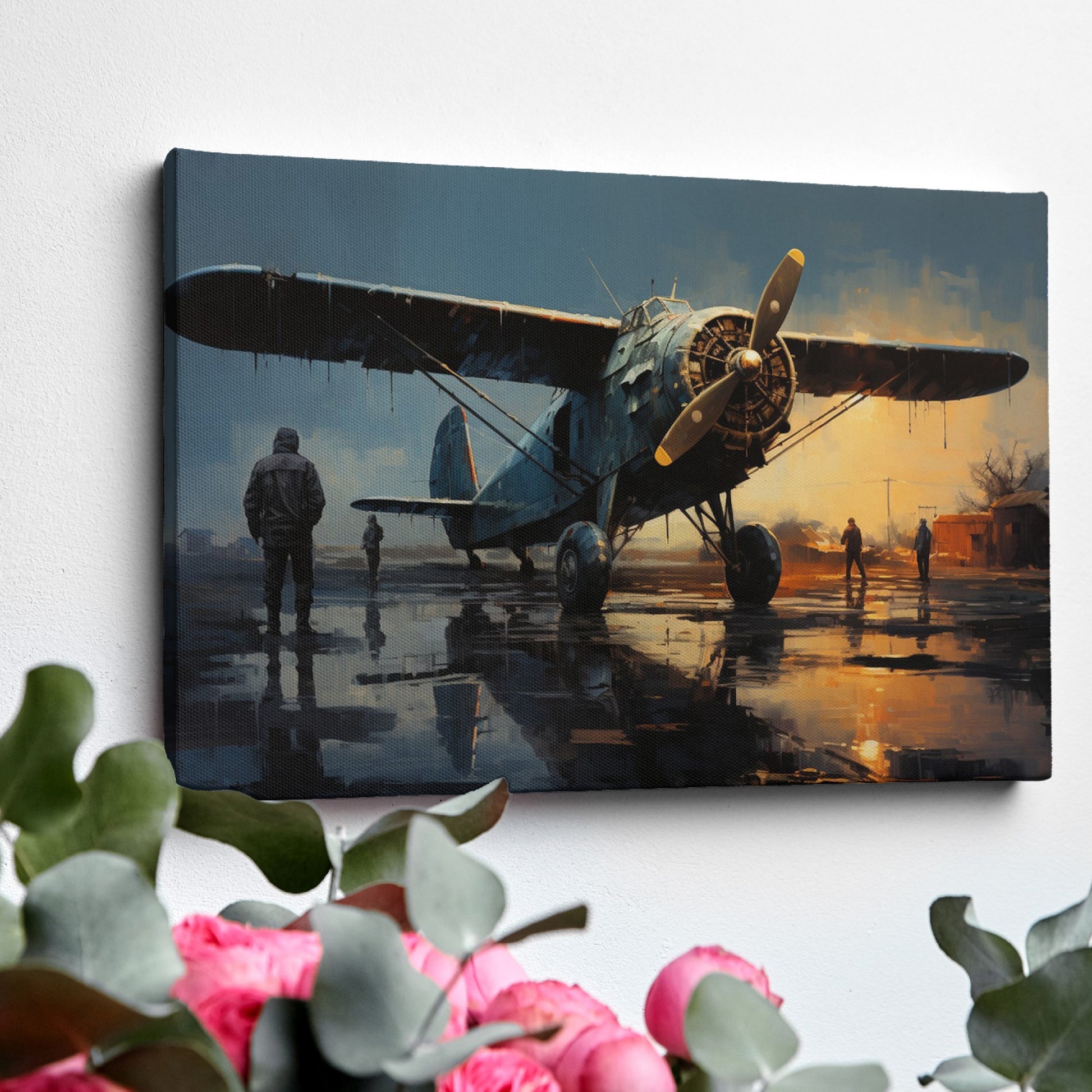 Framed canvas print of vintage warplane at a reflective wet airfield during twilight