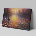 Framed canvas print of tranquil sunset over a lake with a thoughtful woman and colourful water lilies