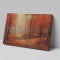 Framed canvas print of an impressionist autumn forest with vibrant red and orange leaves and a misty pathway