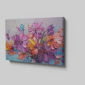 Framed canvas print of vibrant botanical impasto, with textured flowers in bright colours