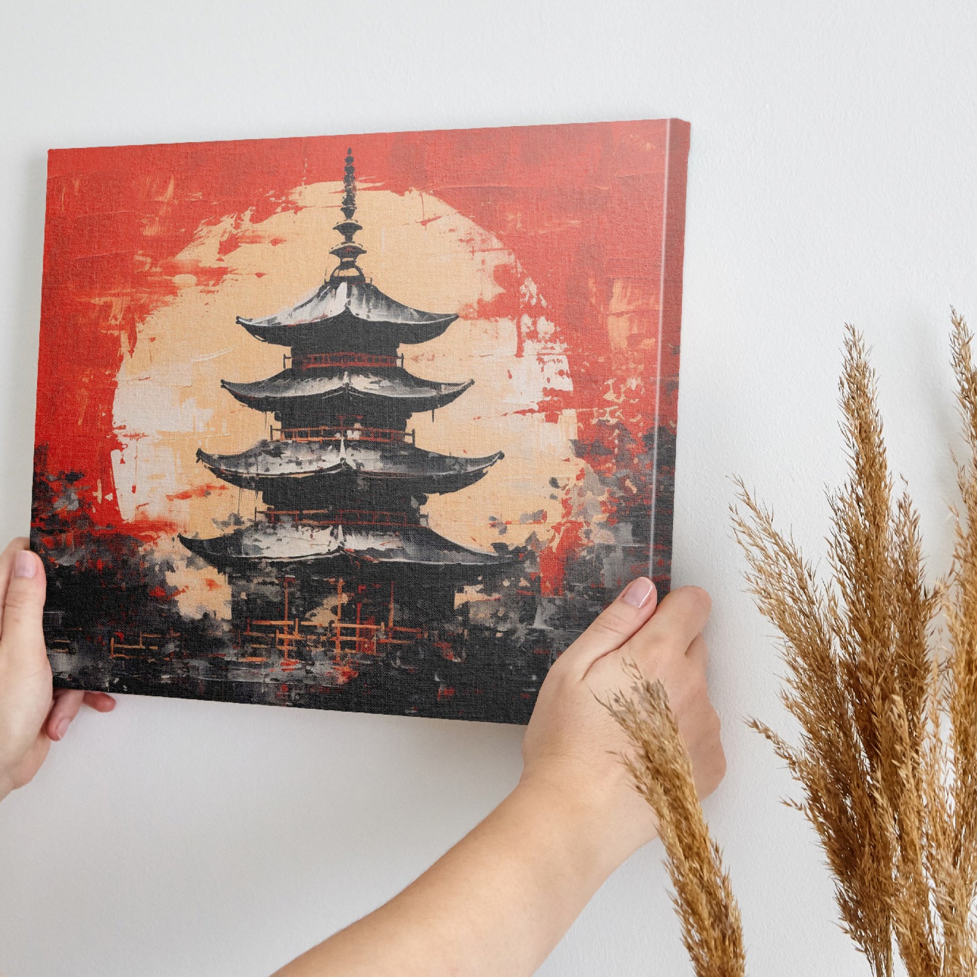 Framed canvas print of abstract Japanese pagoda in bold red and black colours