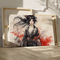 Framed canvas print of an ethereal geisha in ink and watercolour with red splashes