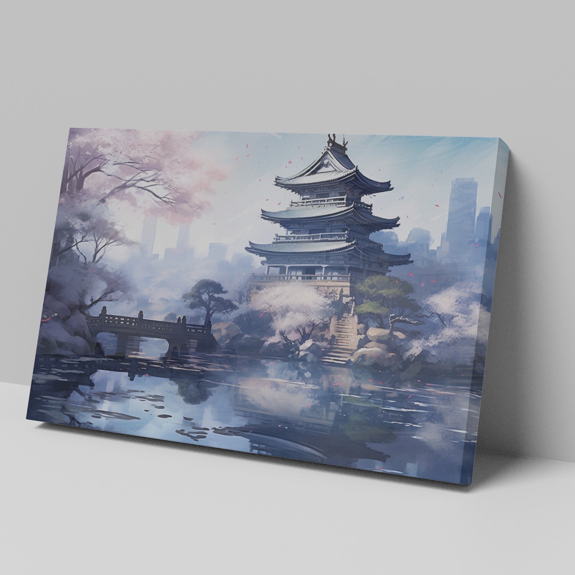 Digital painting of an Asian temple with cherry blossoms and a bridge over a reflective pond