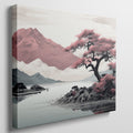 Framed canvas print of a serene mountain landscape with blooming pink sakura trees and tranquil lake