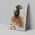 Framed canvas print of a realistic Dachshund standing amidst autumn leaves in warm brown and amber tones