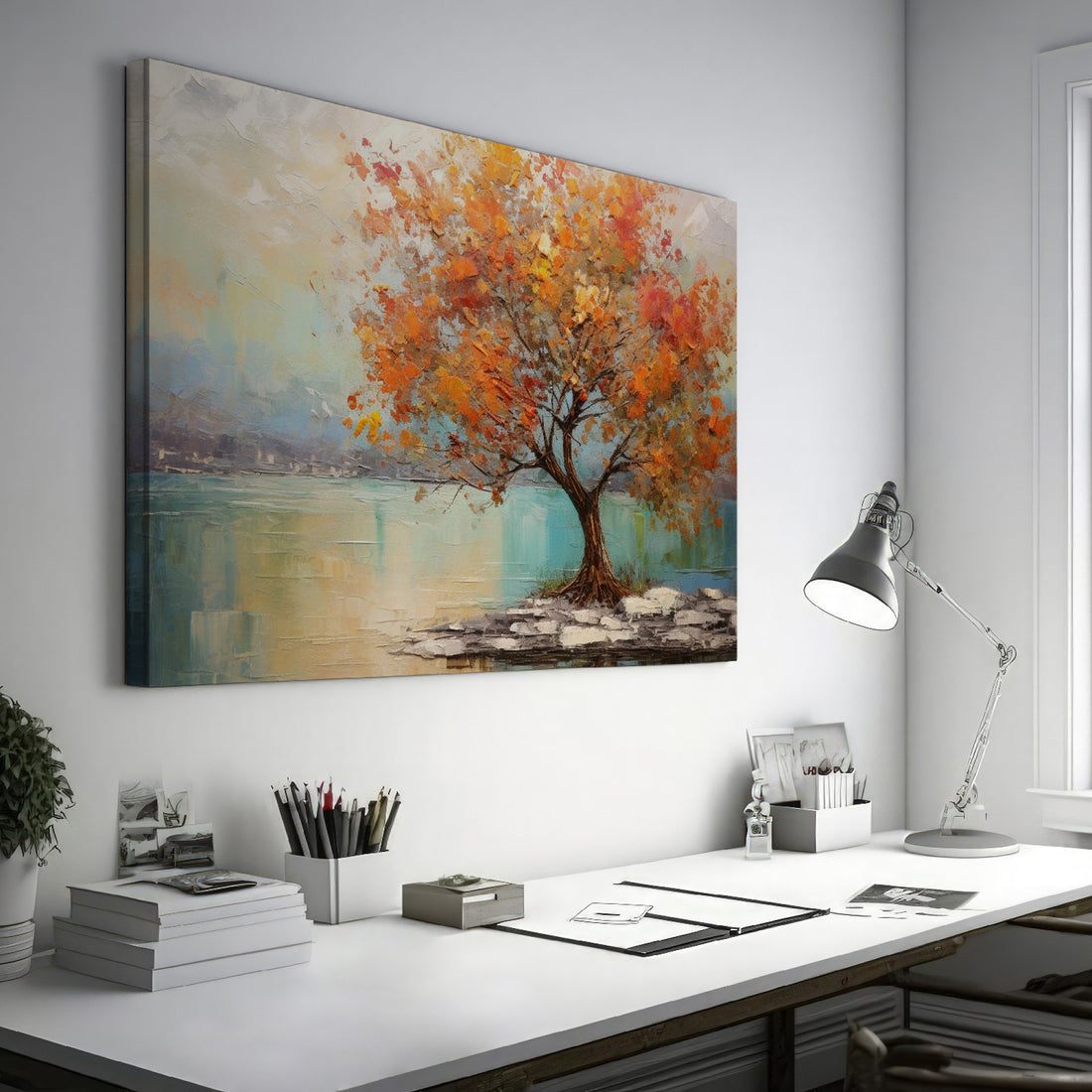 Framed canvas print of a textured autumnal tree with orange and gold foliage by a serene lake