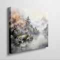 Framed canvas print of a traditional Oriental landscape with pagoda, autumn trees, and misty mountains