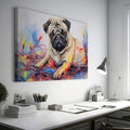 Framed canvas print of a lovable pug entwined with colourful Christmas lights in a painterly watercolour style