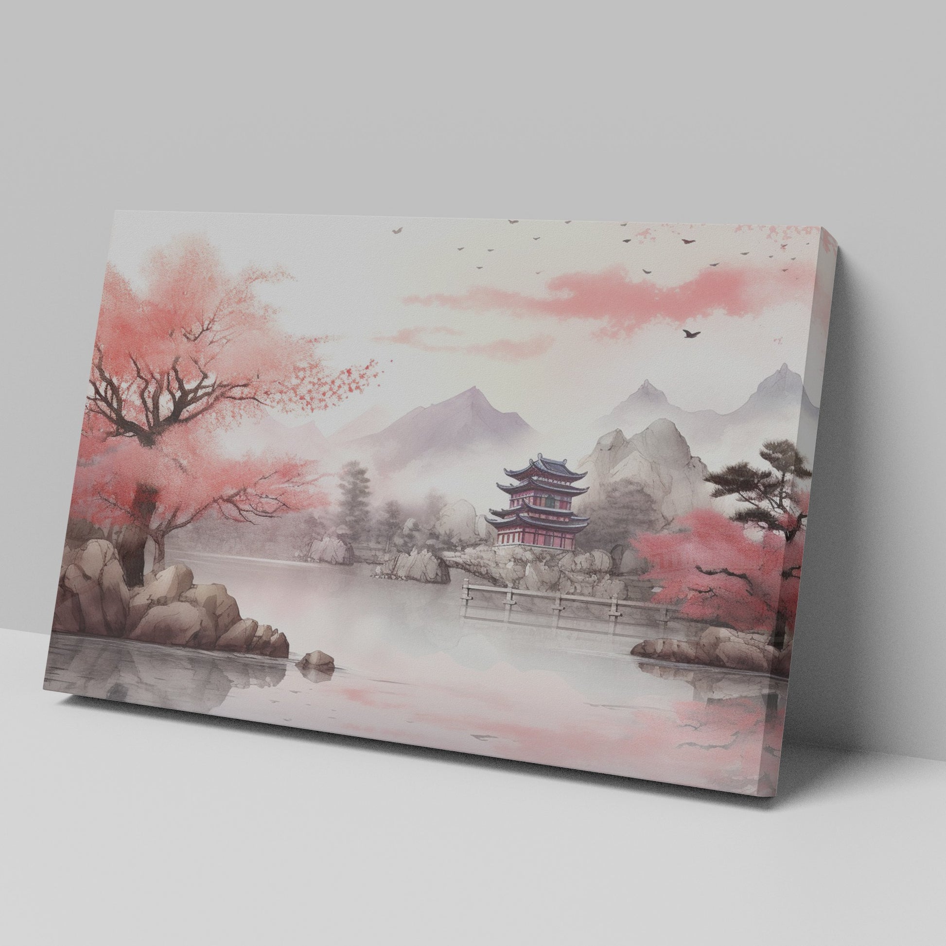 Framed canvas print of oriental landscape with cherry blossoms and pagoda