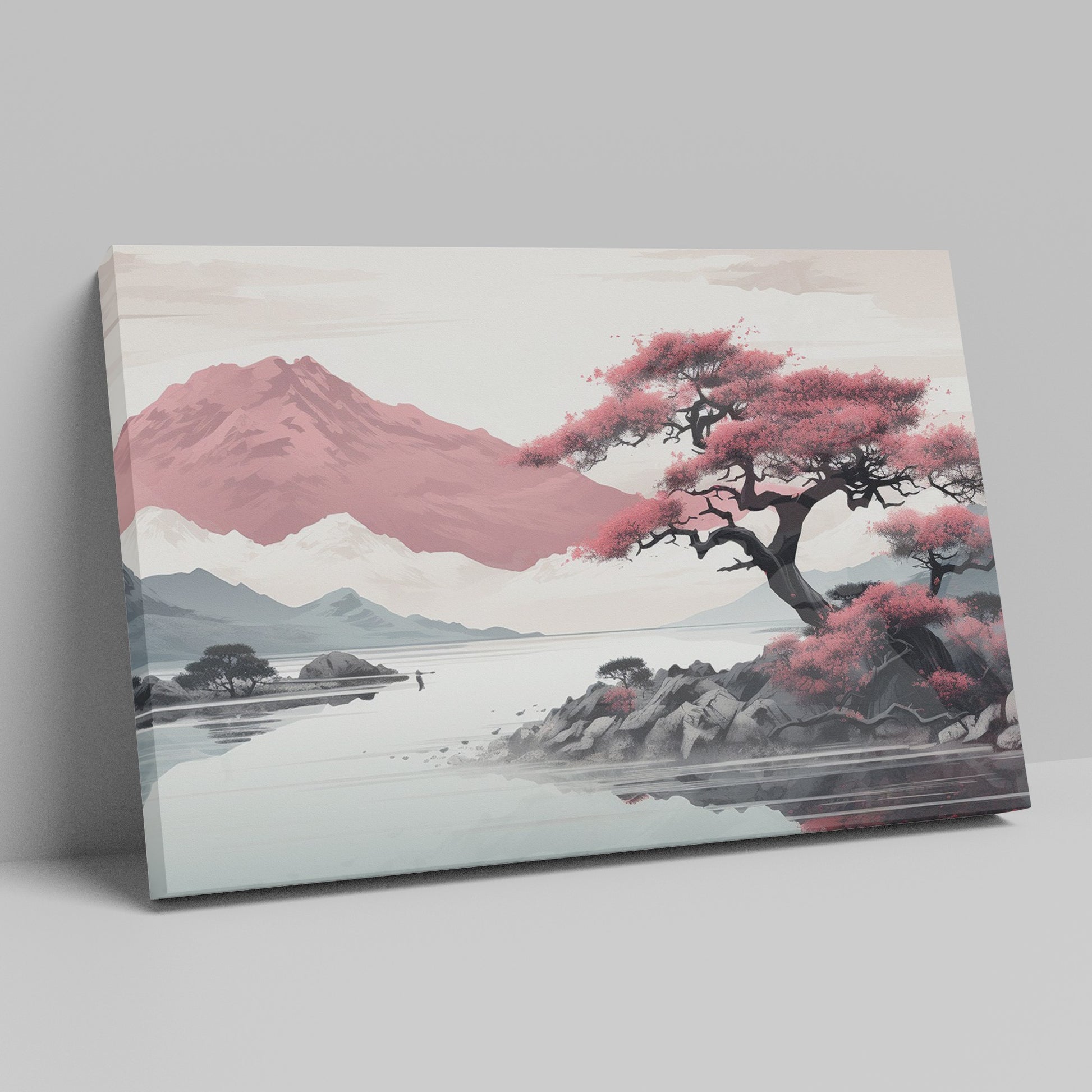 Framed canvas print of a serene mountain landscape with blooming pink sakura trees and tranquil lake