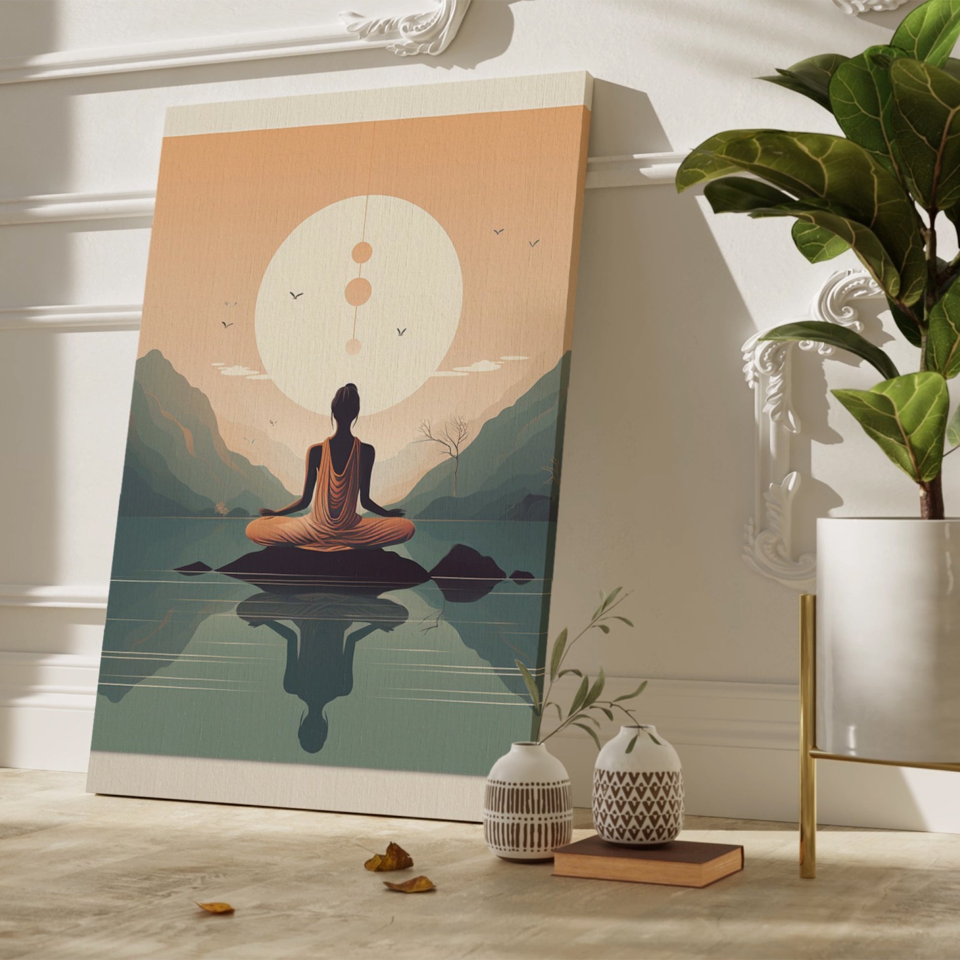 Framed canvas print of meditative figure in front of tranquil mountains and reflective water at sunset