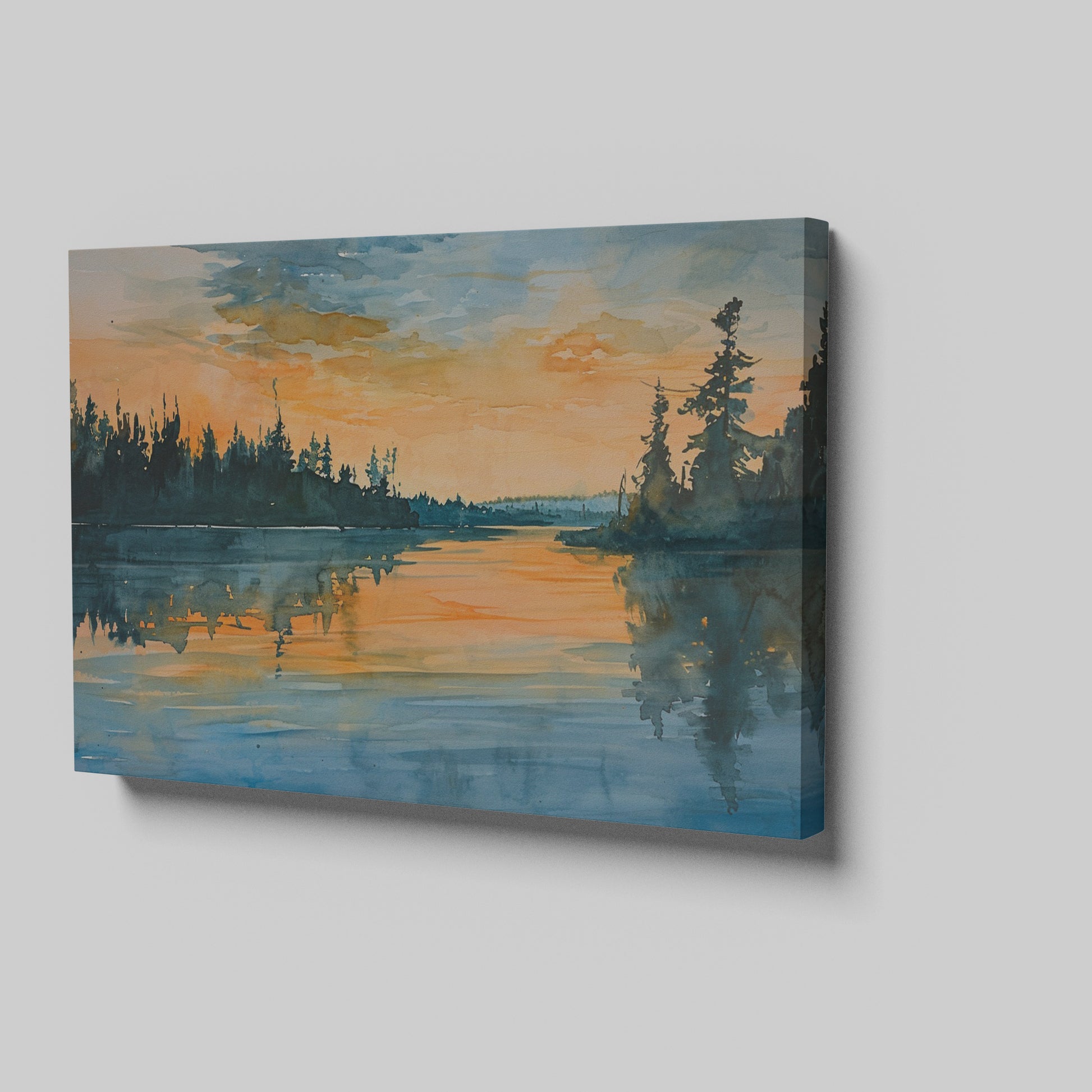 Framed canvas print of a tranquil watercolour landscape with serene reflection and warm sunset tones